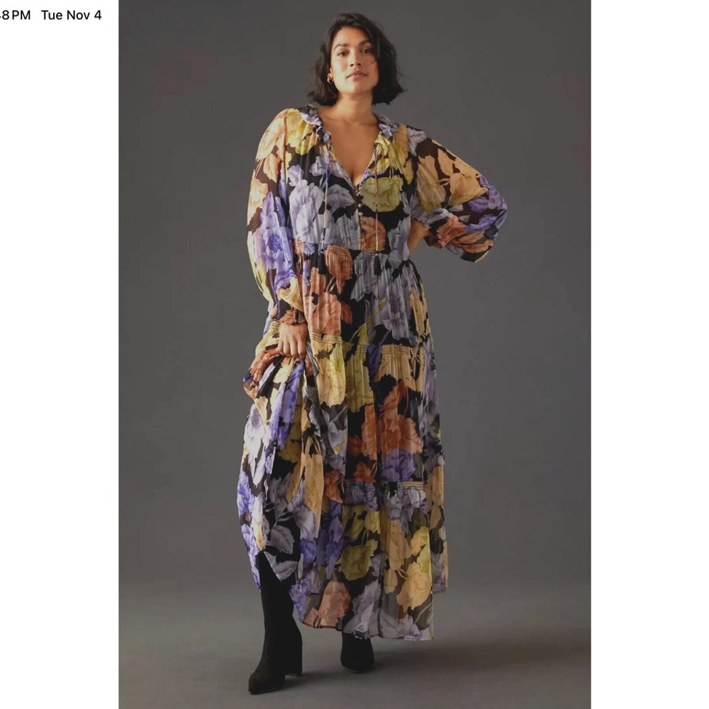 Anthropologie Purple and Yellow Floral Maxi Dress